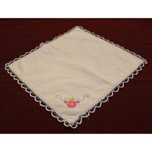 Vintage Hand Embroidered Floral Handkerchief with Scalloped Blue & White Edging